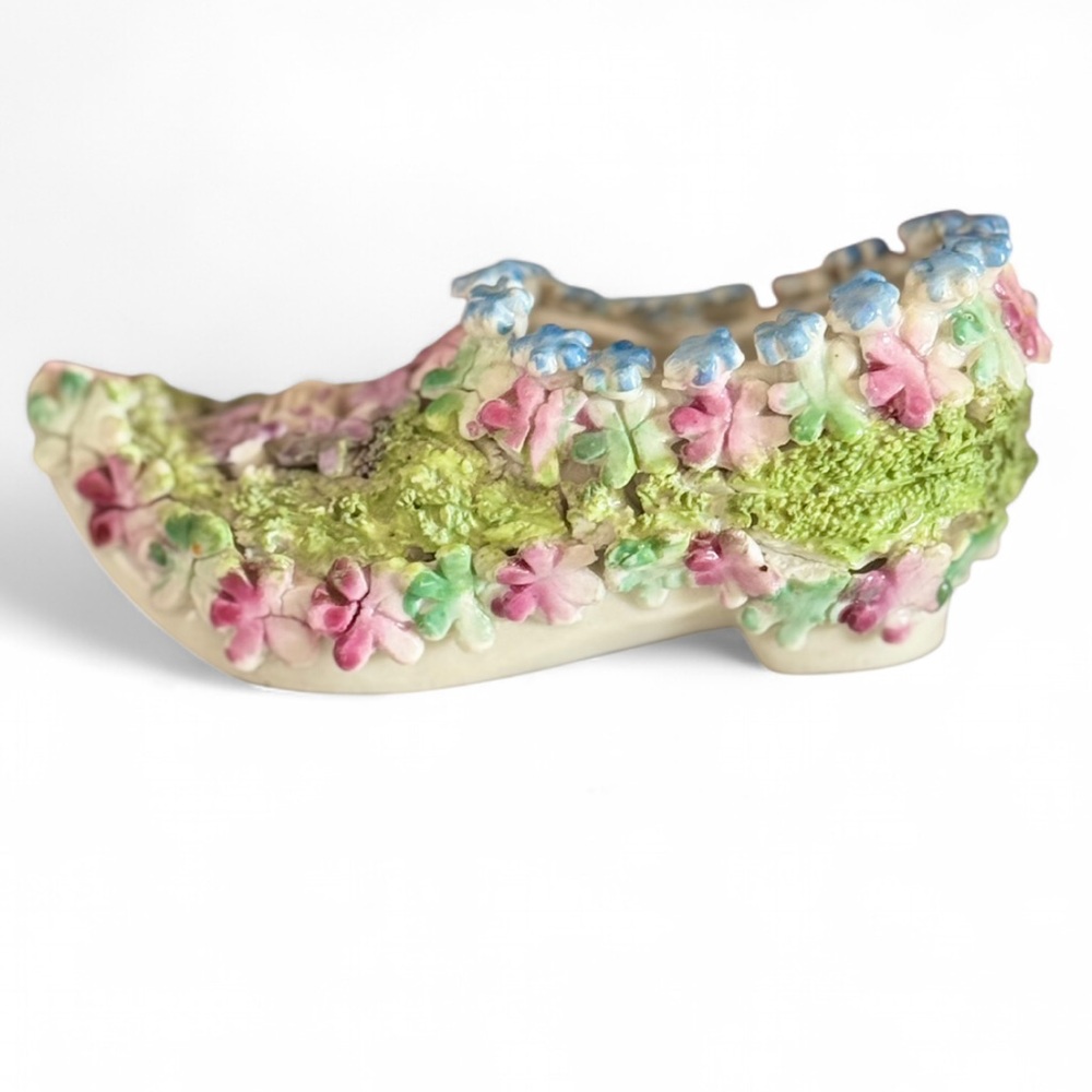Antique German Elfinware Mossware Miniature Porcelain Floral Shoe